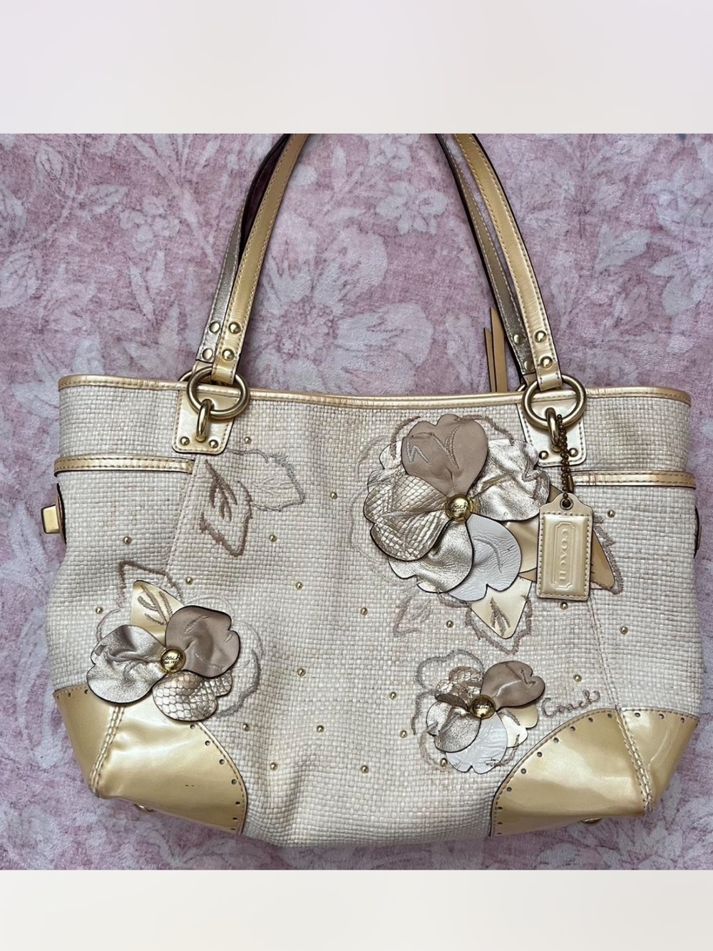 Coach Cream & Gold Floral Tote with Appliqué Detail